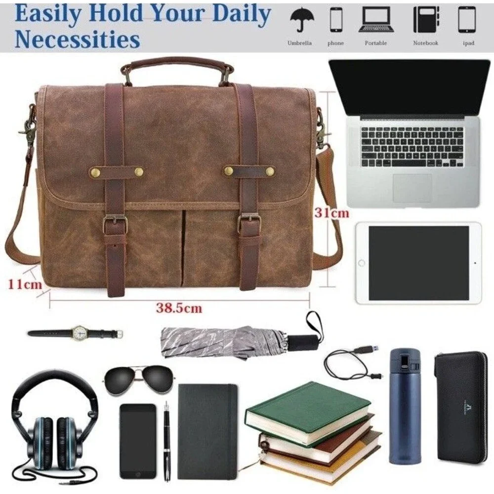 NEWHEY Waxed Waterproof Messenger Bag Laptop Briefcase Shoulder Strap Classic